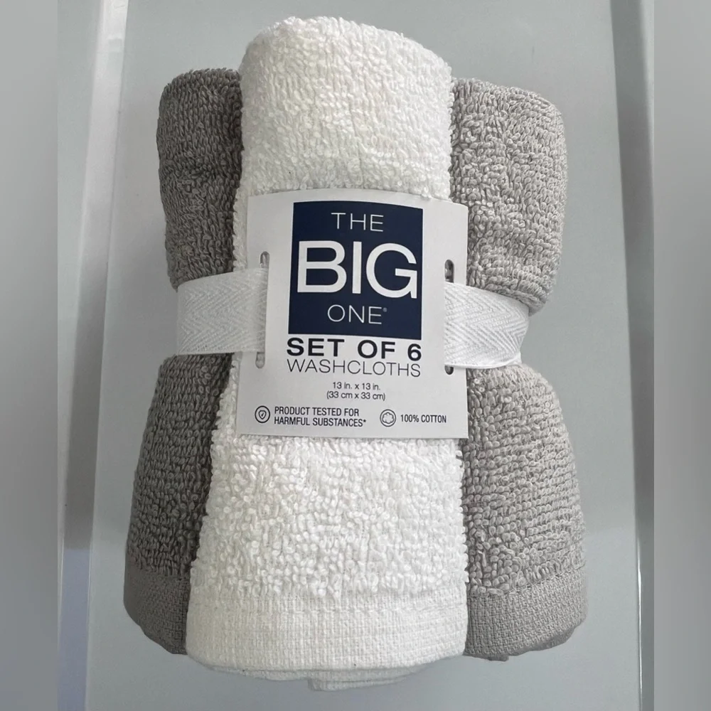 The Big One Washcloths Face Cloths 6 Pack 100% Cotton Gray & White 13” x 13”